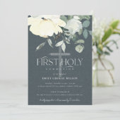 GRAY IVORY WHITE AQUA FLORAL First HOLION Einladung (Stehend Vorderseite)