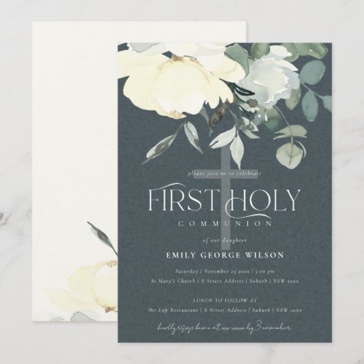 GRAY IVORY WHITE AQUA FLORAL First HOLION Einladung (Vorne/Hinten)