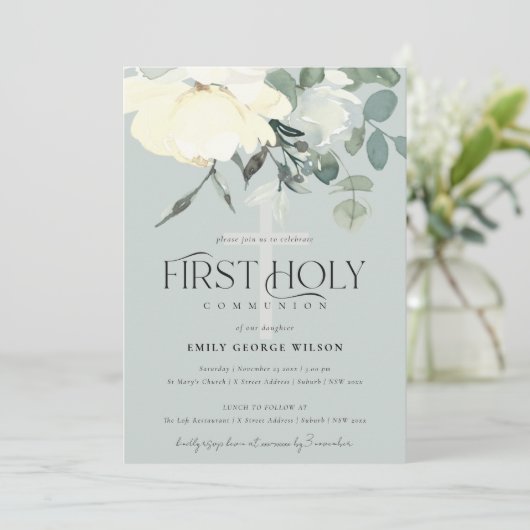 GRAY IVORY WHITE AQUA FLORAL First HOLION Einladung (Stehend Vorderseite)