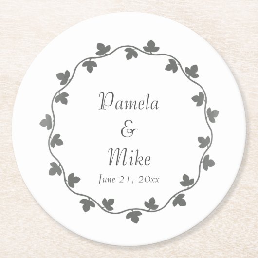 Gray Ivy Wreath Personalisiert Wedding Runder Pappuntersetzer (Vorderseite)