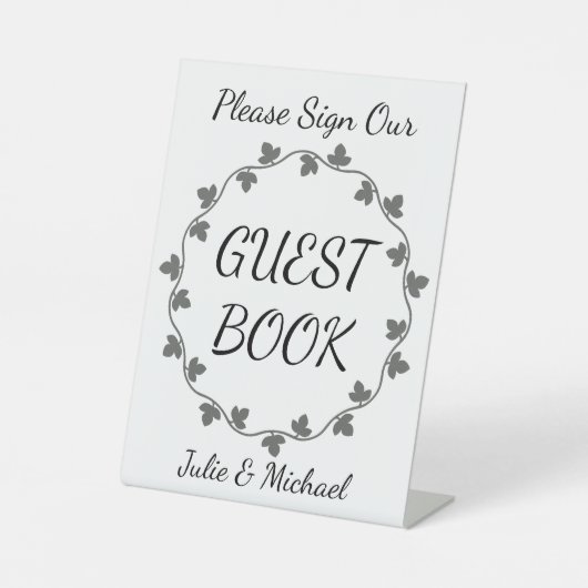 Gray Ivy Wreath Wedding White Guest Book Sockelschild (Vorderseite)