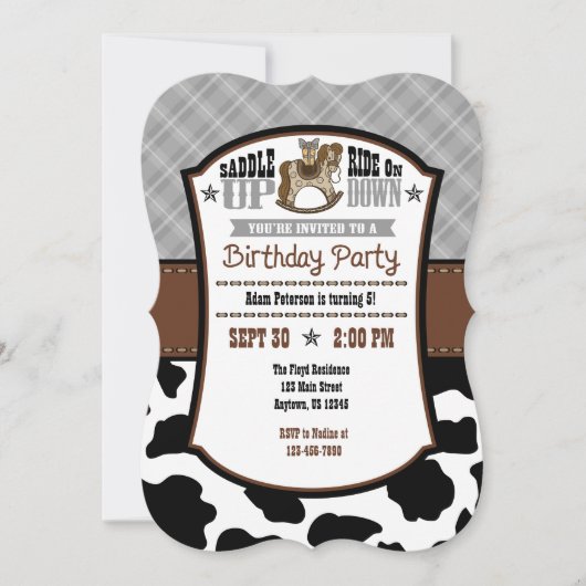 Gray Kariert Cowhide Cowboy Birthday Invite Einladung (Vorderseite)