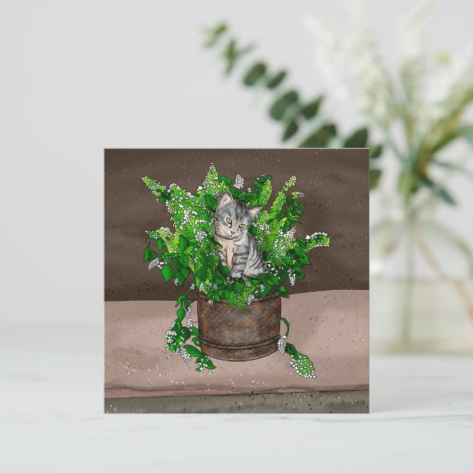 Gray Kitten in Eimer Catnip Dankeskarte (Stehend Vorderseite)