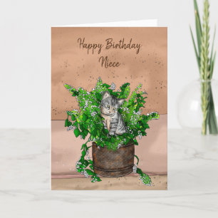 Gray Kitten sitzt in einem Topf Catnip Geburtstag Karte