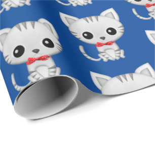 Gray kitty auf blau geschenkpapier
