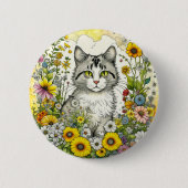 Gray Kitty Cat Sitzen in Blume Button (Vorderseite)