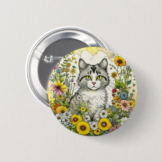 Gray Kitty Cat Sitzen in Blume Button (Vorne & Hinten)