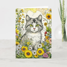 Gray Kitty Cat Sitzen in Blume Geburtstag Karte