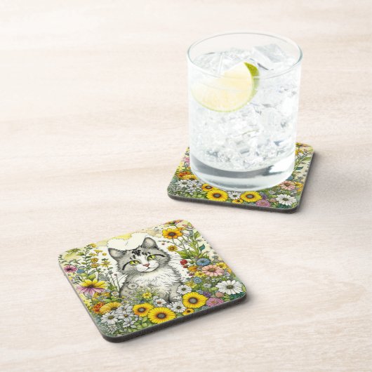 Gray Kitty Cat Sitzen in Blume Getränkeuntersetzer (Rechte Seite)
