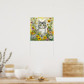 Gray Kitty Cat Sitzen in Blume Poster (Küche)