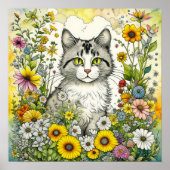 Gray Kitty Cat Sitzen in Blume Poster (Vorne)