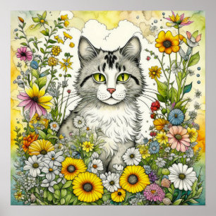 Gray Kitty Cat Sitzen in Blume Poster