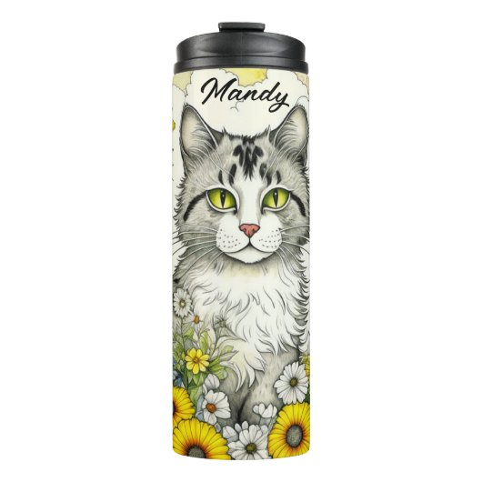 Gray Kitty Cat Sitzen in Blume Thermosbecher (Vorderseite)