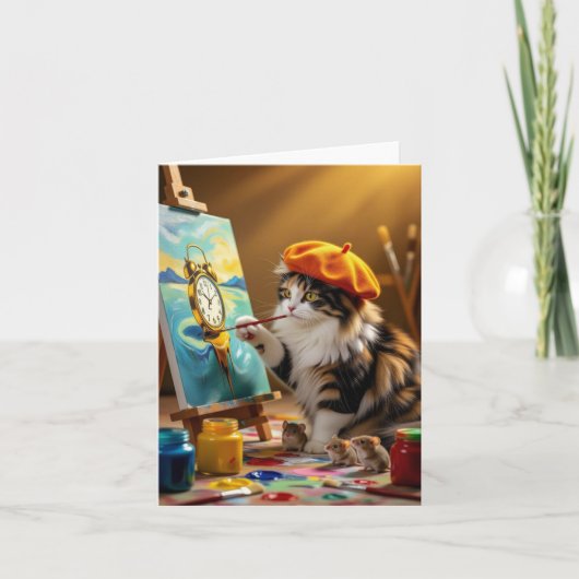 Gray Kitty Painting Clock Dankeskarte (Vorderseite)