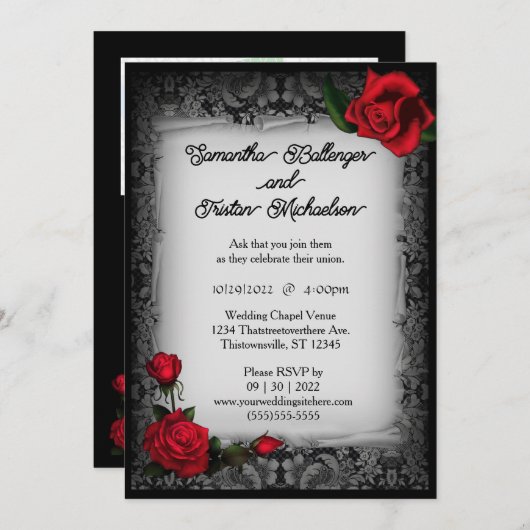 Gray Lace and Rose Parchment Goth Wedding Einladung (Vorne/Hinten)