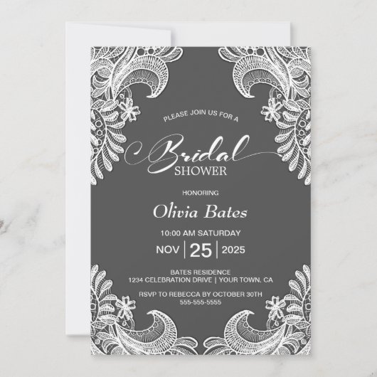 Gray Lace Brautparty Einladung (Vorderseite)