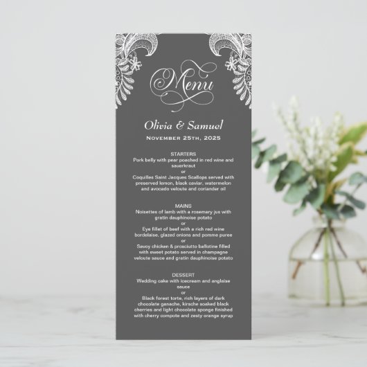 Gray Lace Wedding Menu Menükarte (Stehend Vorderseite)