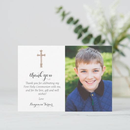Gray Leaf | Erste Kommune Dankeschön Karten (Stehend Vorderseite)