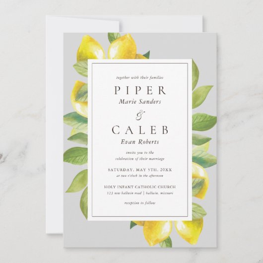 Gray Lemon Blossom Wedding Einladung (Vorderseite)