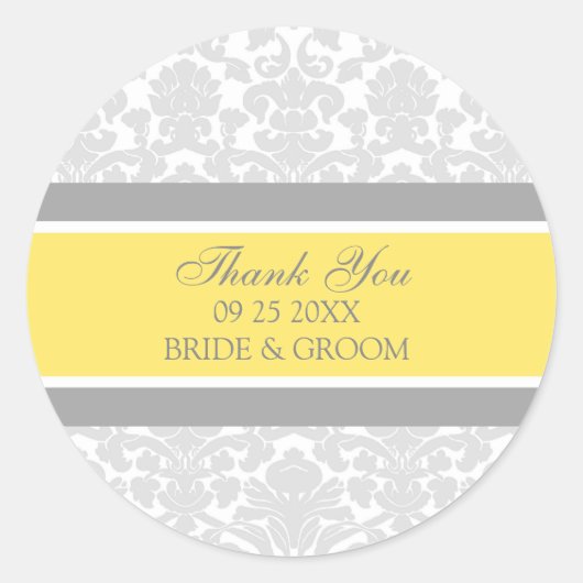 Gray Lemon Damask Vielen Dank Gastgeschenk Hochzei Runder Aufkleber (Vorderseite)