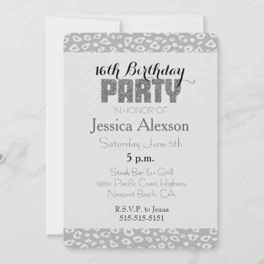 Gray Leopard Print 16. Geburtstag Einladung (Vorderseite)