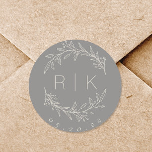 Gray Line Art Botanical Wreath Wedding Monogram Runder Aufkleber