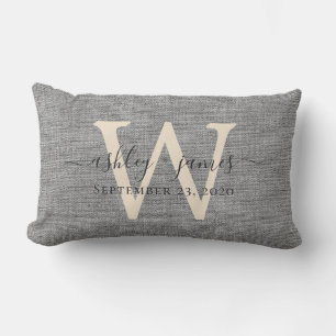 Gray-Linen-Elfenbein-Monogramm-Hochzeitssake Lendenkissen