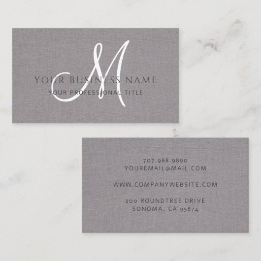 Gray Linen Gray Einfache Minimal Monogram Visitenkarte (Vorne/Hinten)