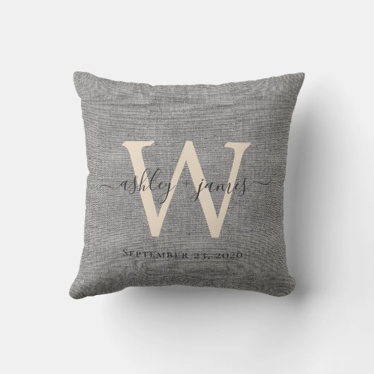 Gray Linen Ivory Monogram Wedding Keepake Kissen (Rückseite)