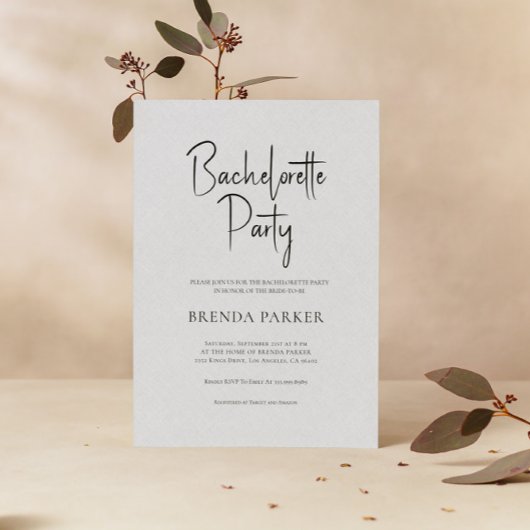 Gray Linen Simple Black Script Junggeselinnen-Absc Einladung