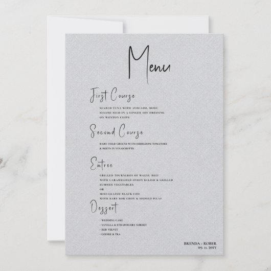 Gray Linen Simple Black Script Wedding Menu Einladung (Vorderseite)