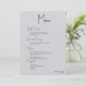 Gray Linen Simple Black Script Wedding Menu Einladung (Stehend Vorderseite)