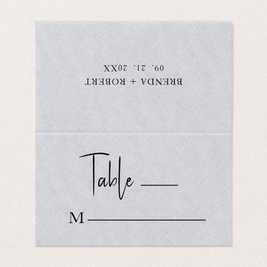 Gray Linen Simple Black Script Wedding Platzkarte Visitenkarten (Außenseite Aufgefaltet)