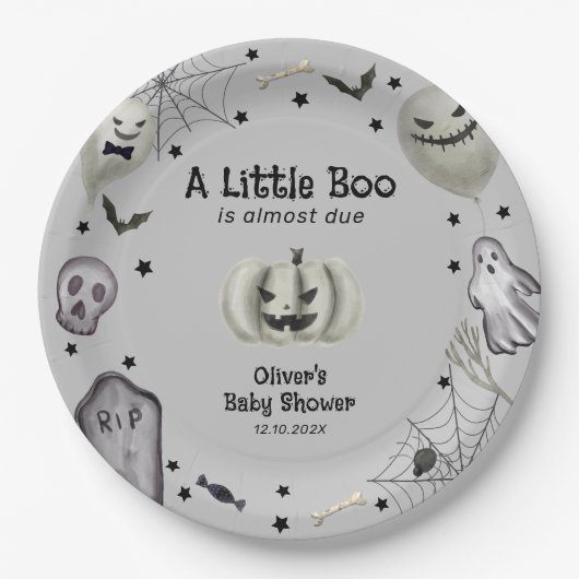 Gray Little Boo Ghost Halloween Boy Baby Dusche Pappteller (Vorderseite)