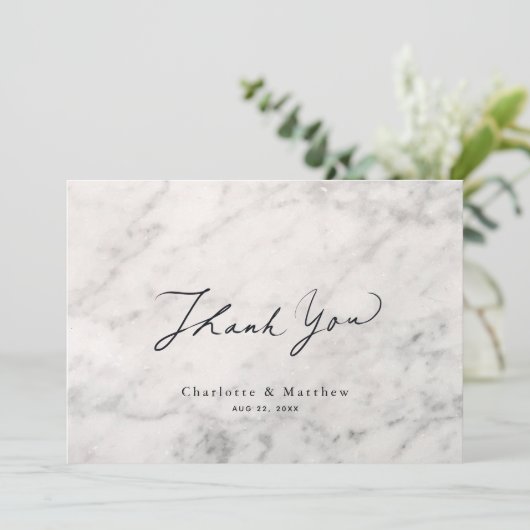 Gray Marble Caligraphy Wedding Dankeskarte (Stehend Vorderseite)