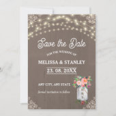 Gray Mason Jar Rustikale Blume String Lights Save The Date (Vorderseite)