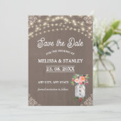 Gray Mason Jar Rustikale Blume String Lights Save The Date (Stehend Vorderseite)