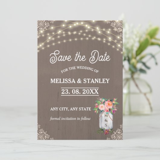 Gray Mason Jar Rustikale Blume String Lights Save The Date (Stehend Vorderseite)