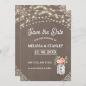 Gray Mason Jar Rustikale Blume String Lights Save The Date (Vorne/Hinten)