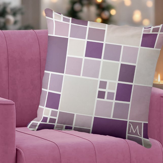Gray Mauve Monogram Mosaic Pattern Pillow Kissen (Modern pillow featuring a checkered mosaic pattern with watercolor effect in mauve, purple and lilac)