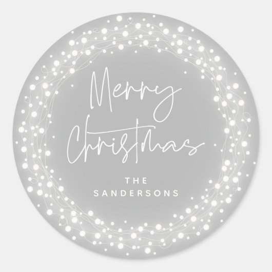 Gray Merry Christmas Script Sparkling Lights Runder Aufkleber (Vorderseite)
