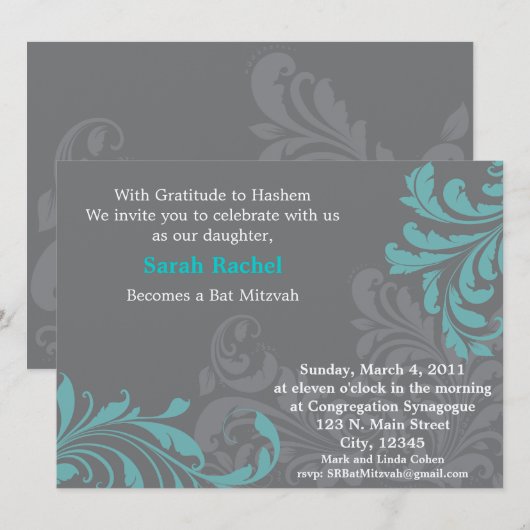 Gray Metalic Damask - blaue Einladung (Vorne/Hinten)