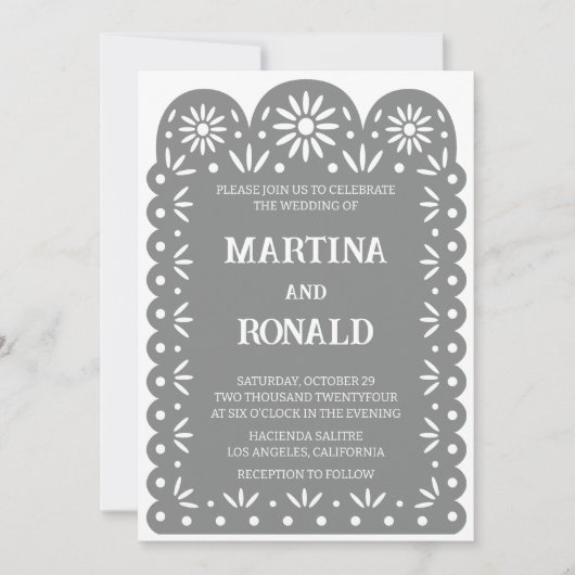 Gray Mexican Papel Picado Hochzeitseinladung Ankündigung (Vorderseite)