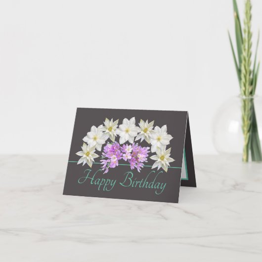 Gray Mint Chic White Purple Bouquet Happy Birthday Karte (Vorderseite)