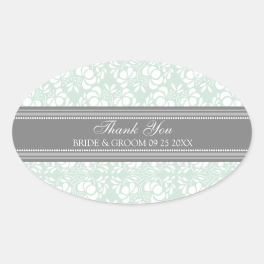 Gray Mint Damask Vielen Dank Gastgeschenk Hochzeit Ovaler Aufkleber (Vorderseite)