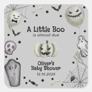 Gray Modern Little Boo Ghost Boy Baby Dusche Quadratischer Aufkleber