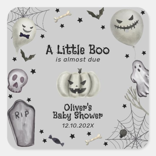 Gray Modern Little Boo Ghost Boy Baby Dusche Quadratischer Aufkleber (Vorderseite)