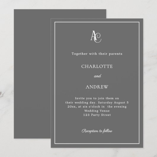 Gray modern monogram wedding einladung (Vorne/Hinten)