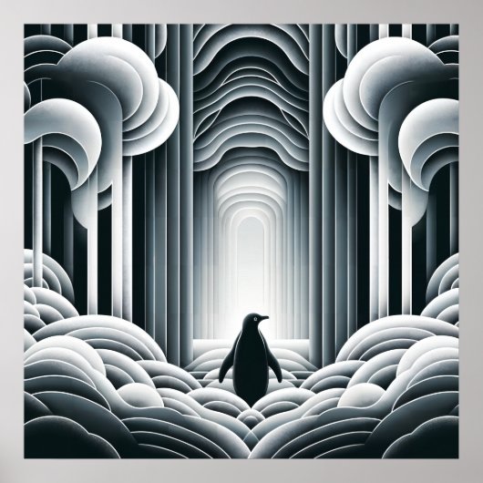 Gray Monochromatic Lovey Baby Penguin Art Deco Poster (Vorne)