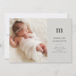 Gray Monogram 1-Foto New Baby Birth Ankündigung